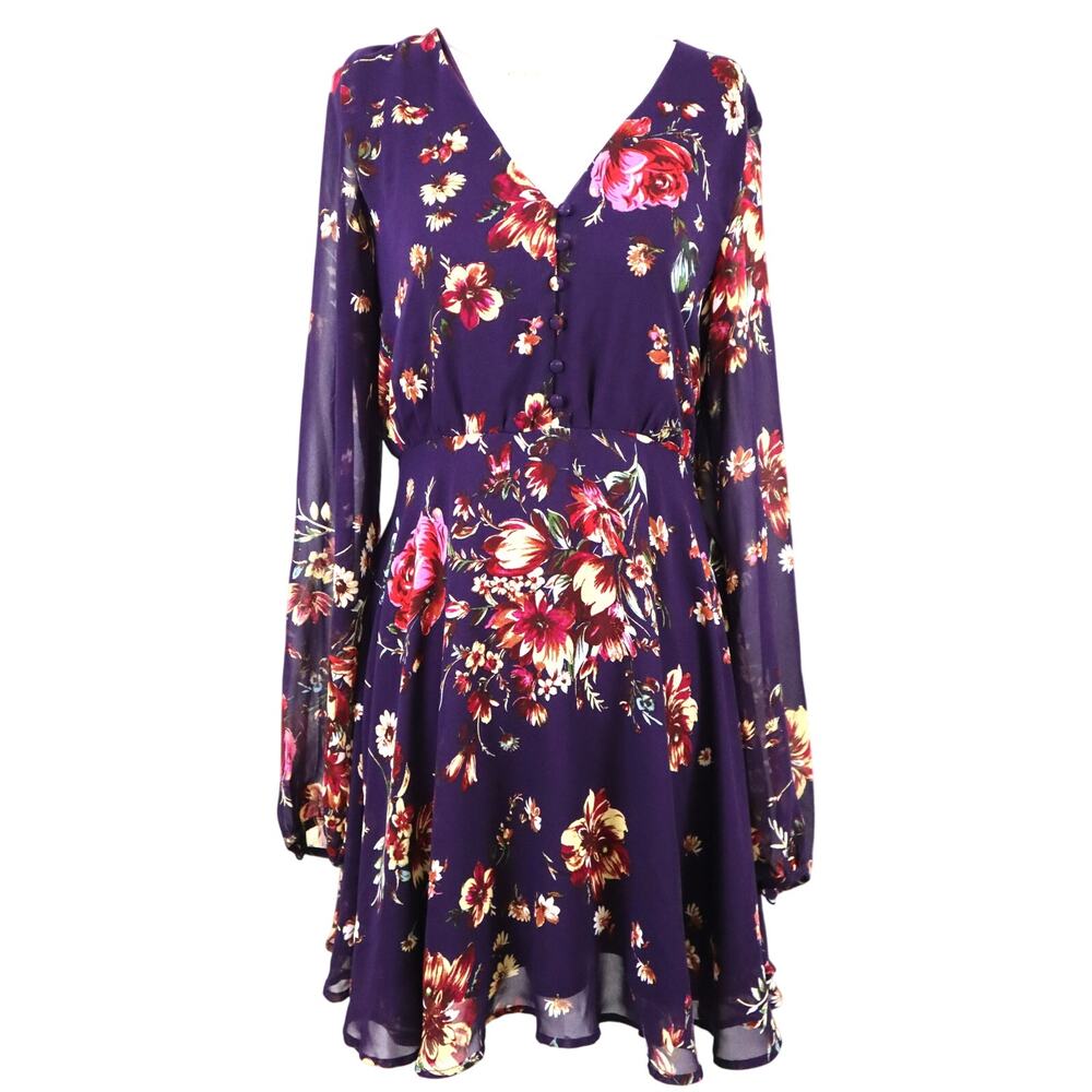 Lulus Purple Floral Short Dress Long Sleeves Fit and Flare Roses Tie Bow Medium